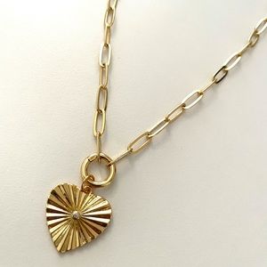 Paperclip Chain CZ Heart Pendant Necklace Gold Charm Holder Radial Medal…
